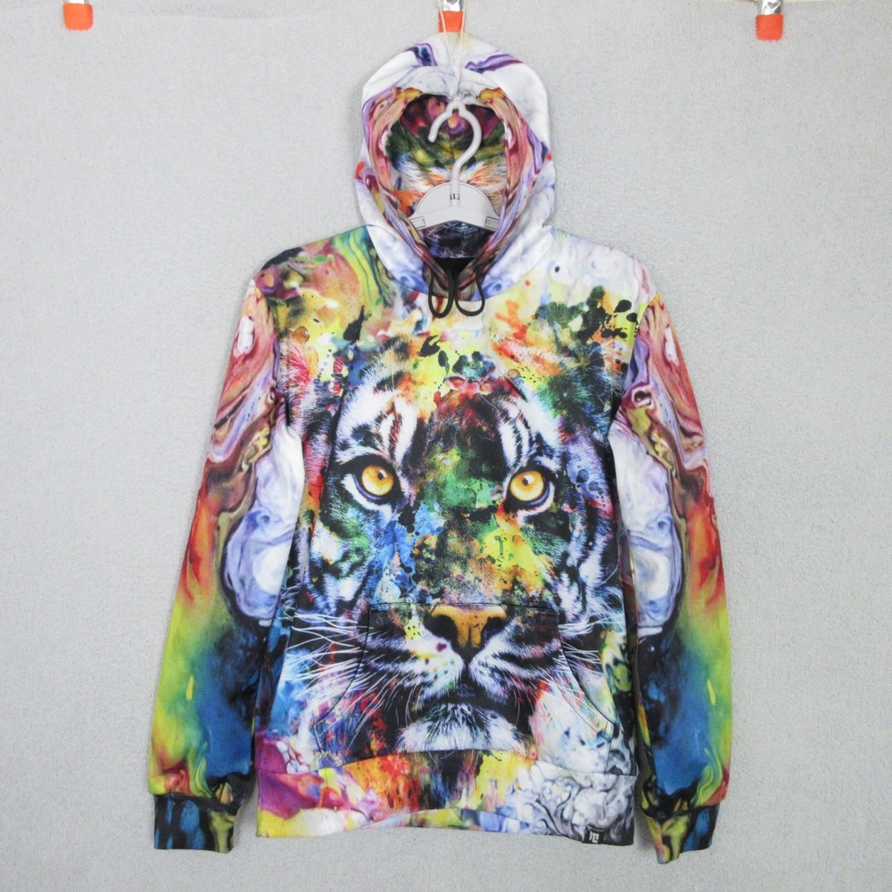 Hoodie Lab Tiger Print Hoodie Mens Small Multicolor Watercolor Graphic Pullover